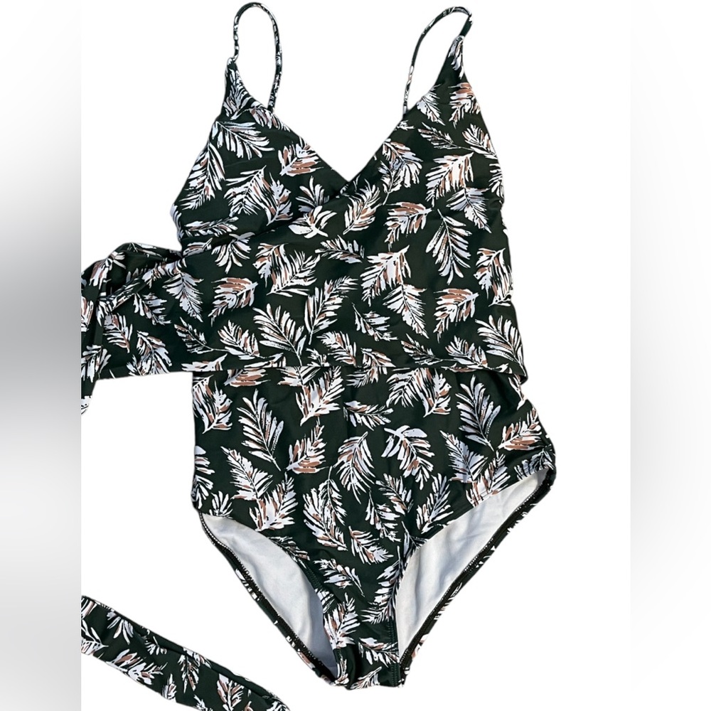 SHEIN One Piece Wrap Swimsuit Green White Leaf Pattern Side Tie Swim